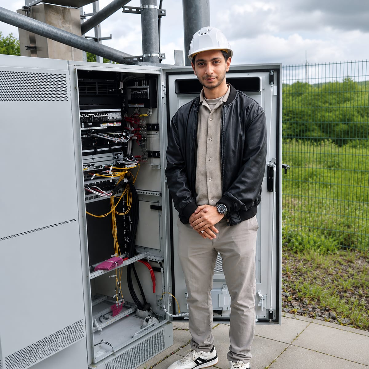 Ali Al Rubaye an einem Mobilfunk-Technikschrank · Qualitätssicherung an einem 4G/5G-Standort