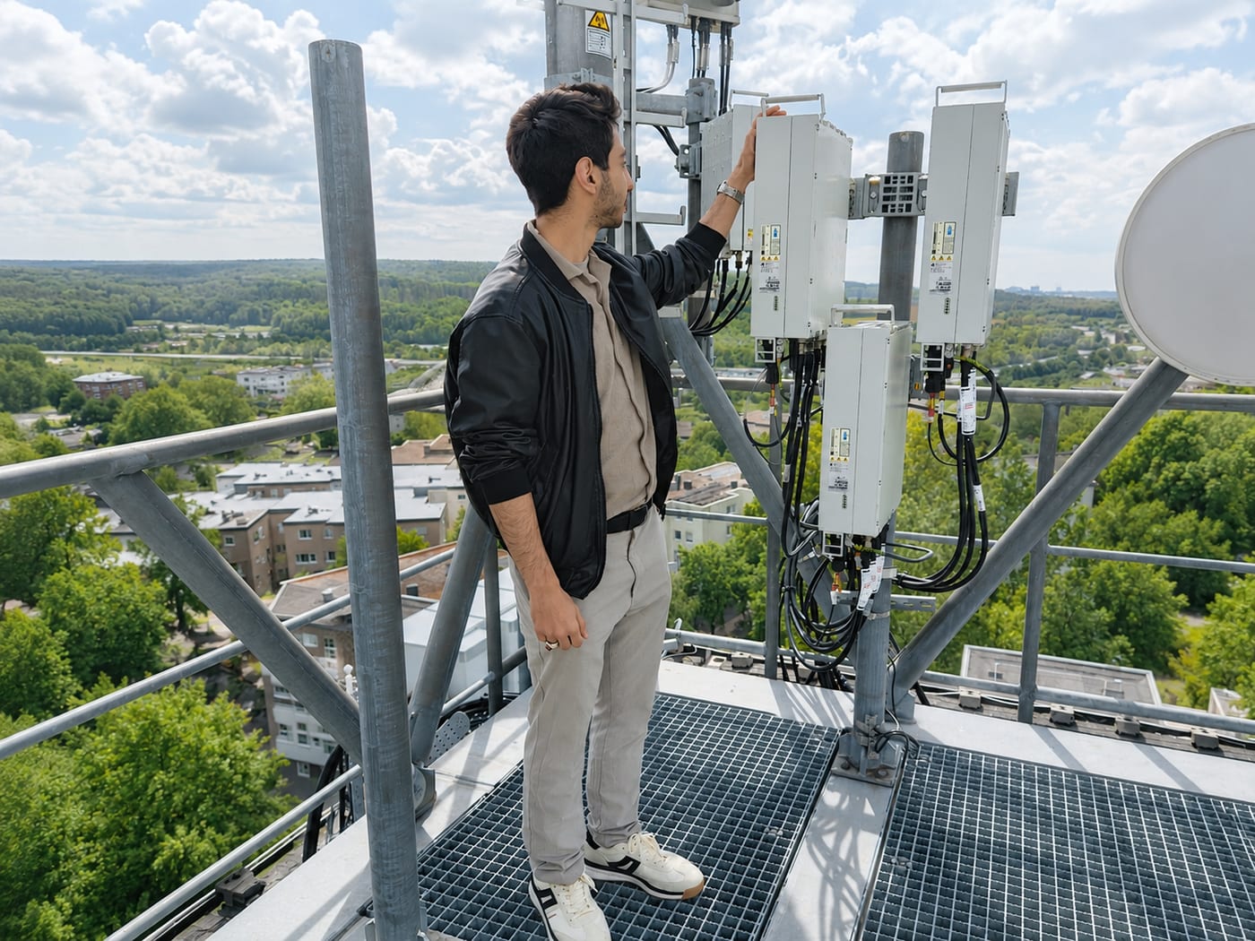 Ali Al Rubaye bei der Standortinspektion an einer 4G/5G-Antennenanlage auf einem Dachstandort